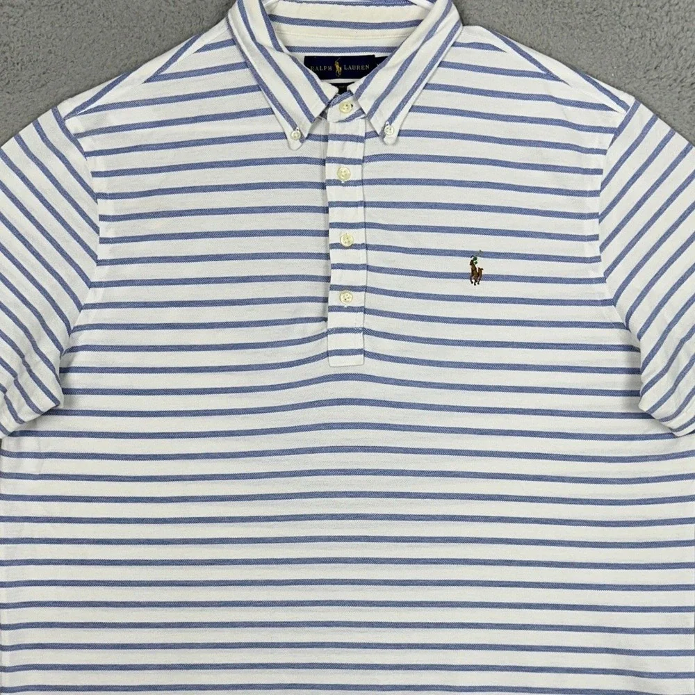 Ralph Lauren Polo Shirt Mens XL Knit Oxford Blue White Striped Puny Rugby Casual